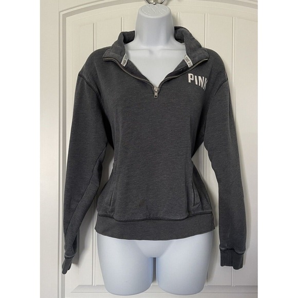 Victoria's Secret Sweaters - Victoria's Secret Pink Women's XS Sweater Quarter Zip Gray Graphic Logo